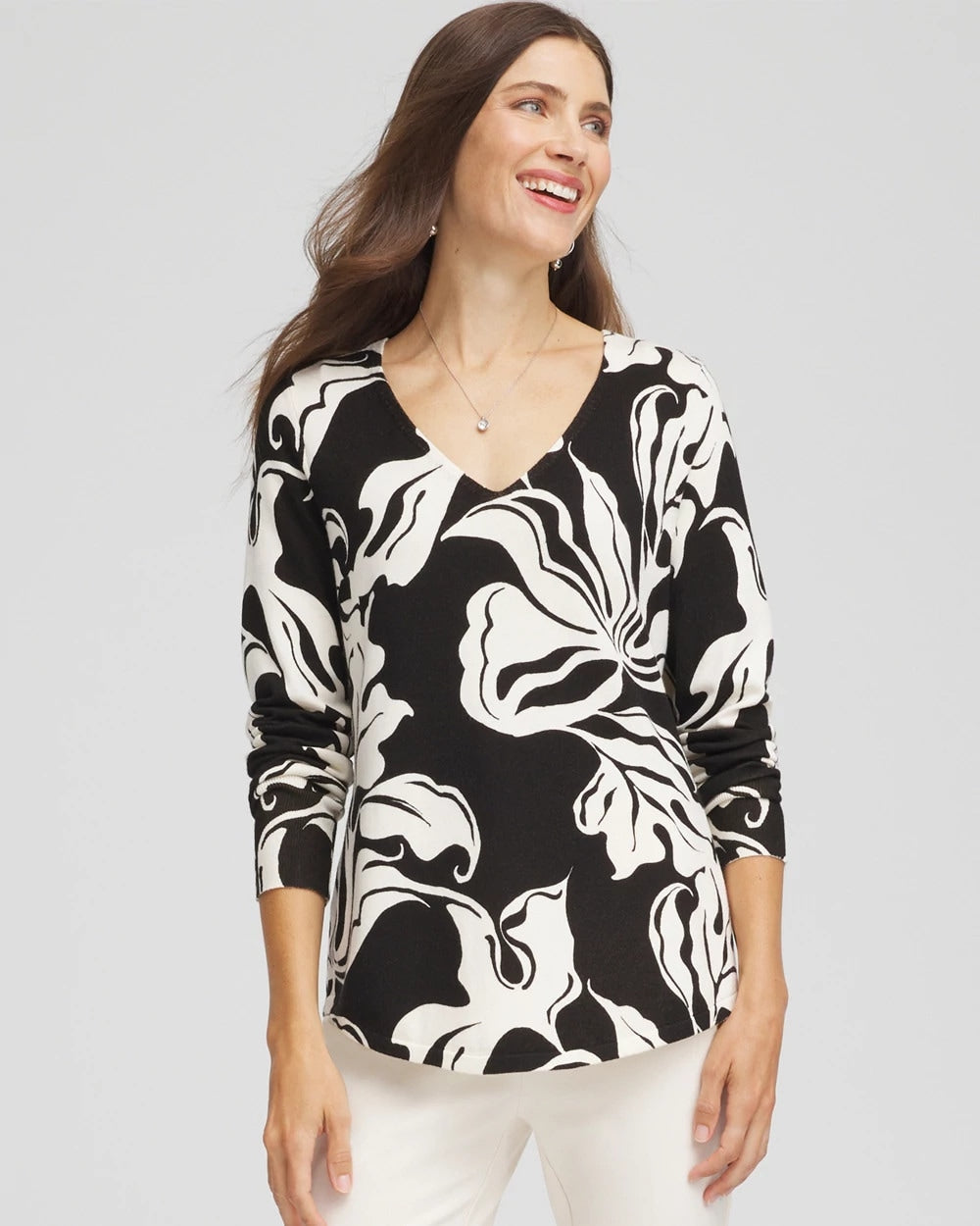 Black Ella Printed V-Neck Sweater