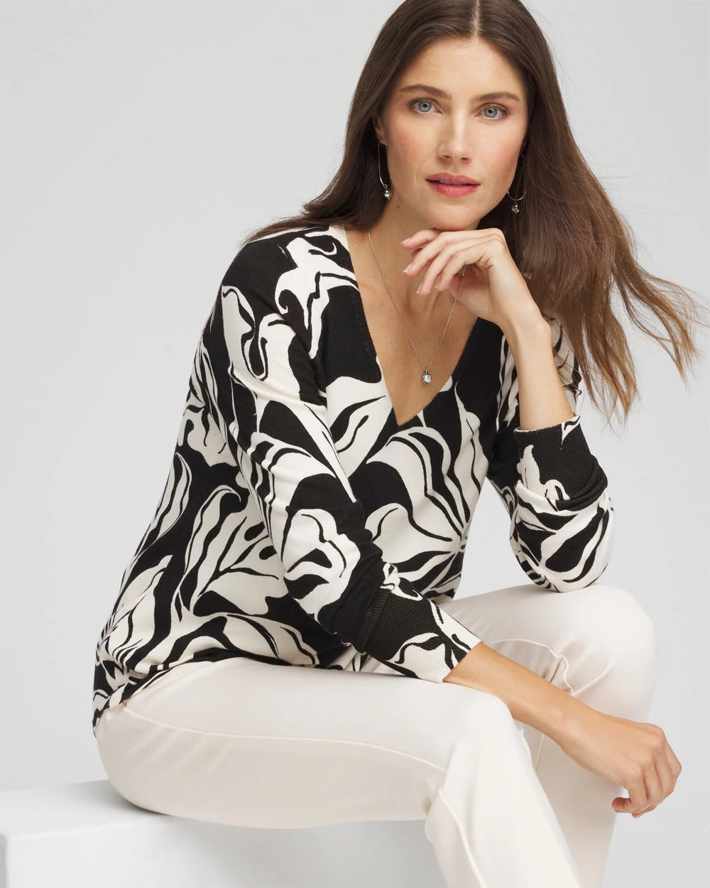 Black Ella Printed V-Neck Sweater