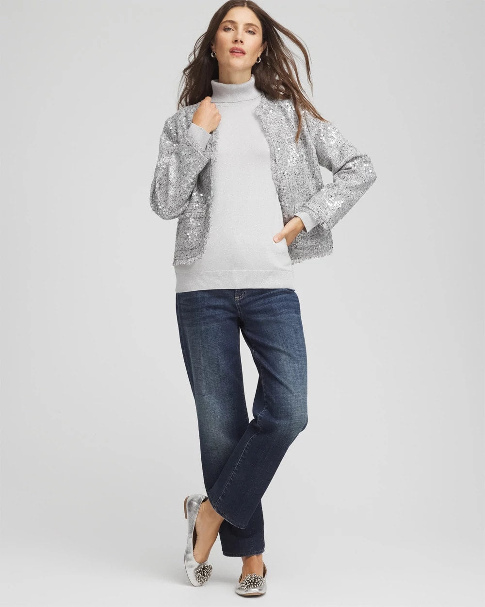Silver Glitter Metallic Turtleneck Pullover Sweaters