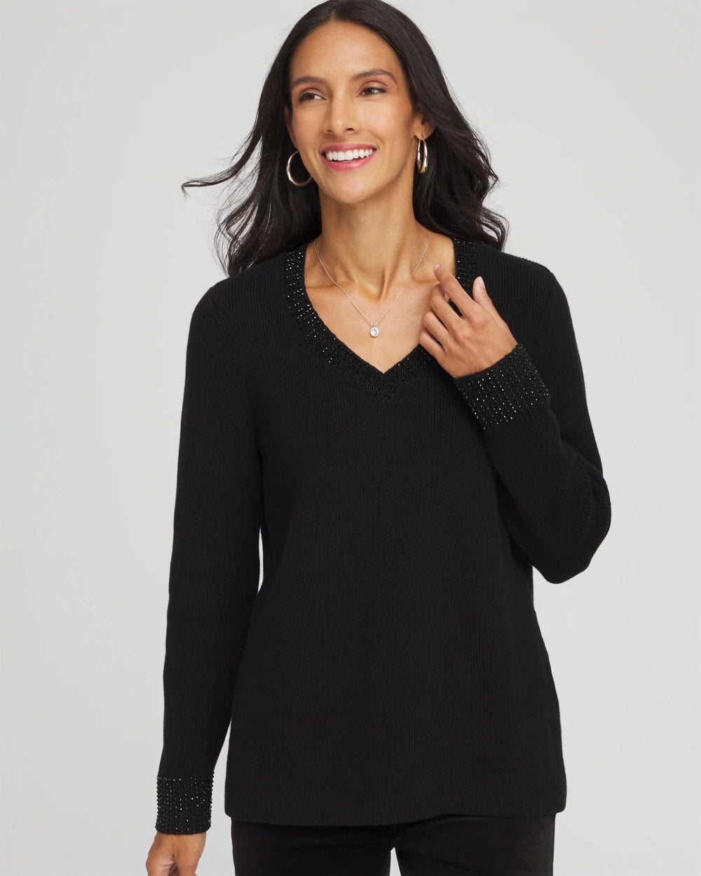 Black Embellished V-Neck Pullover Sweater