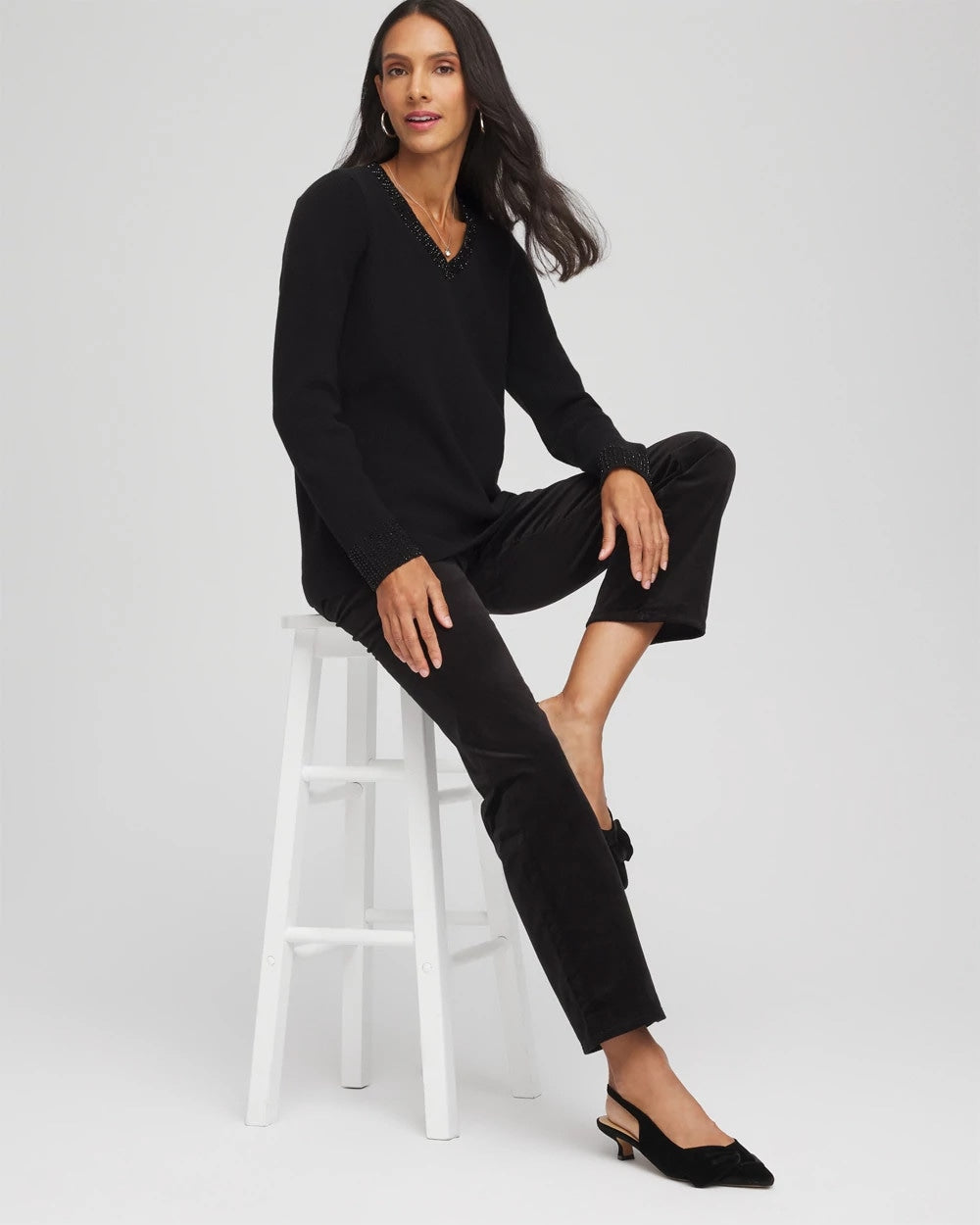 Black Embellished V-Neck Pullover Sweater