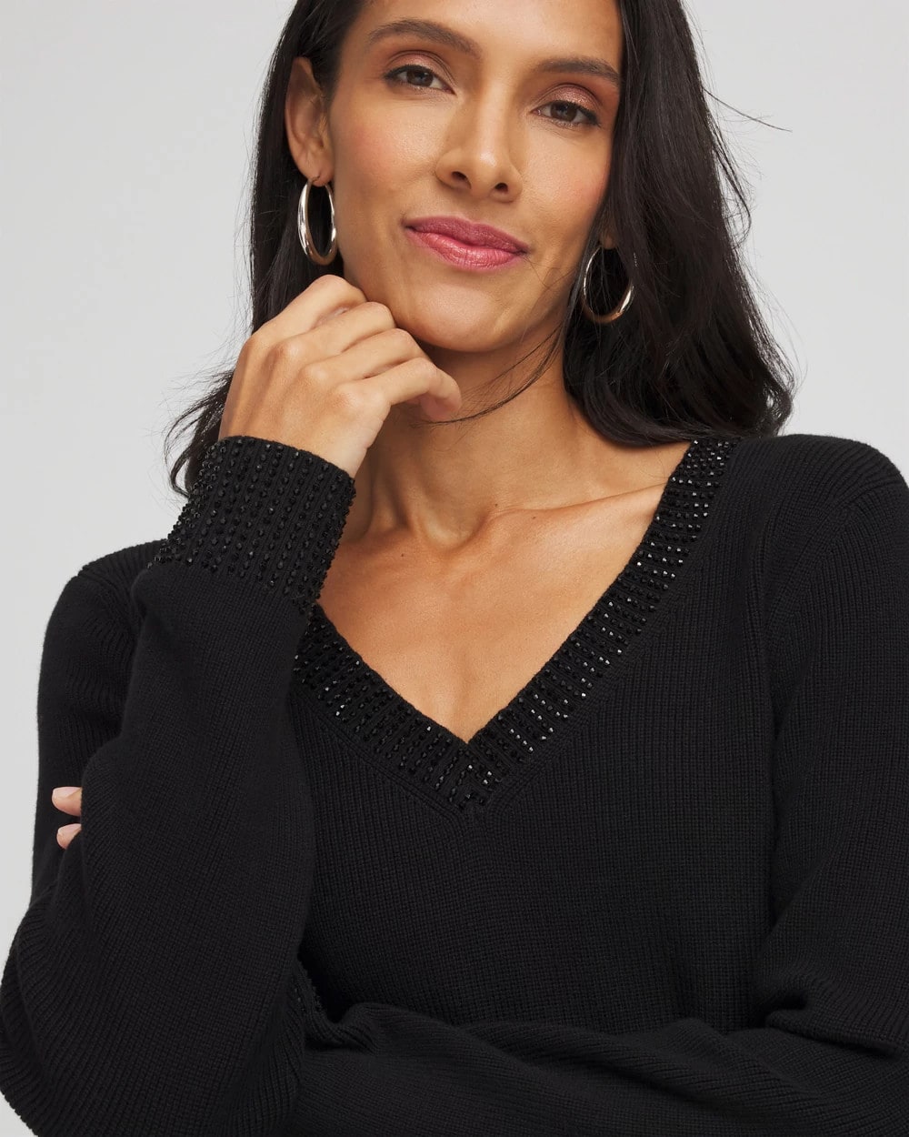 Black Embellished V-Neck Pullover Sweater