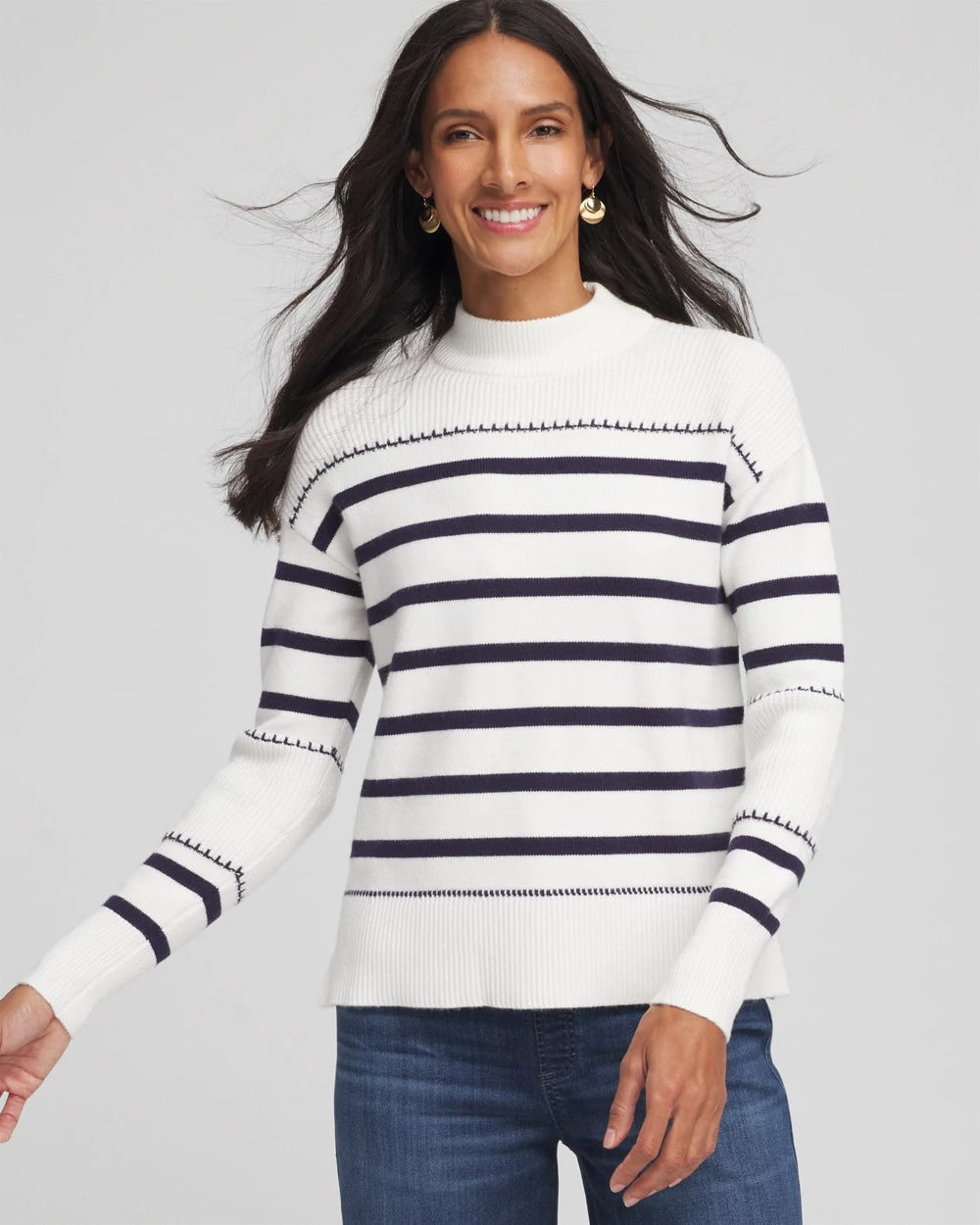 Ecru Striped Relaxed Mockneck Pullover