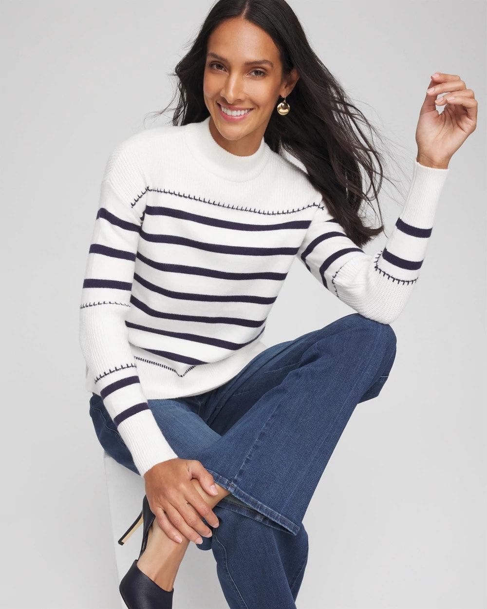 Ecru Striped Relaxed Mockneck Pullover