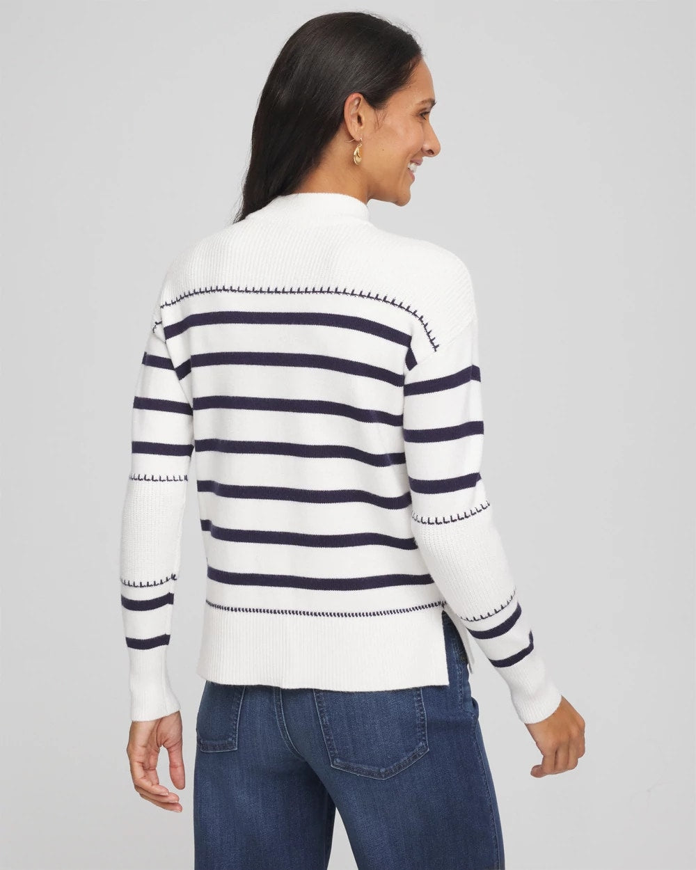 Ecru Striped Relaxed Mockneck Pullover
