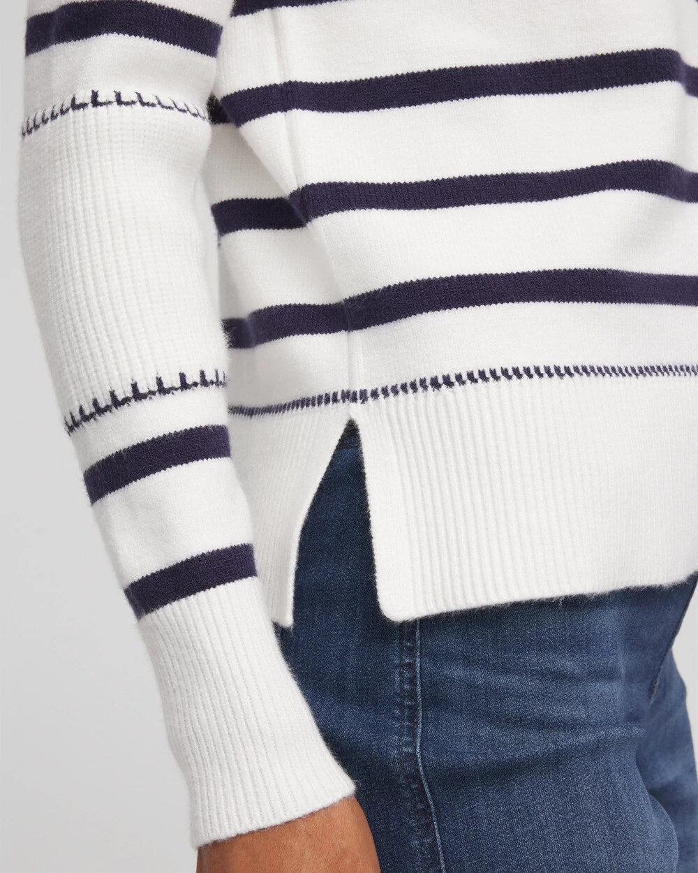 Ecru Striped Relaxed Mockneck Pullover