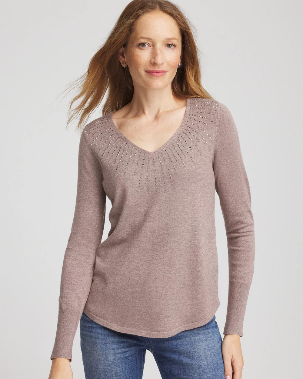 Taupe Heather Ella Embellished V-Neck Sweater