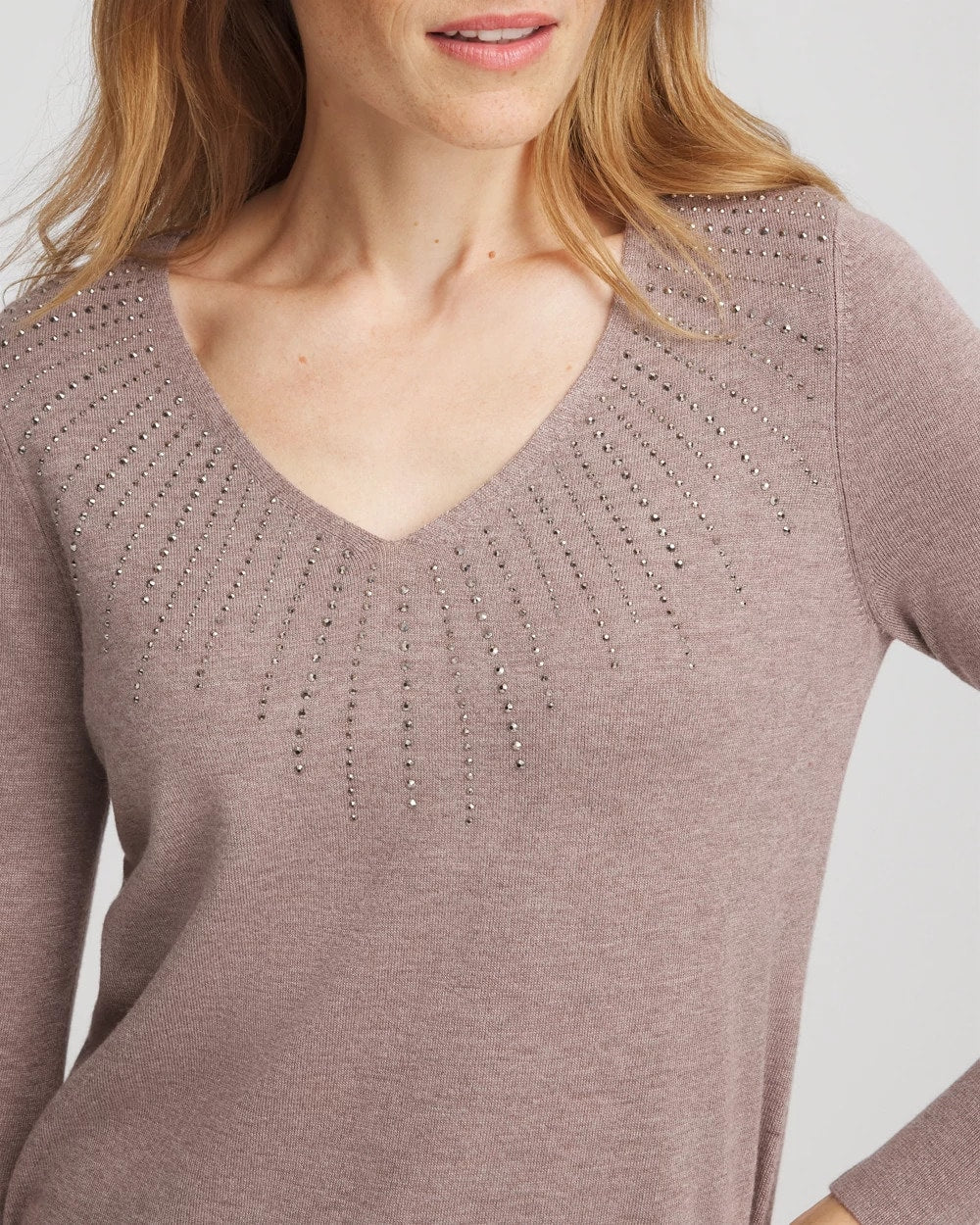 Taupe Heather Ella Embellished V-Neck Sweater