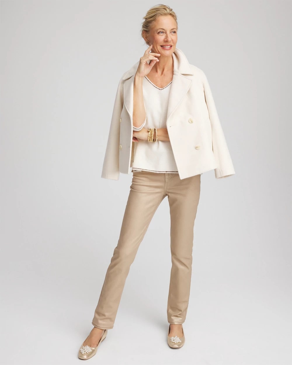 English Cream Contrast Stitch V-Neck Sweater