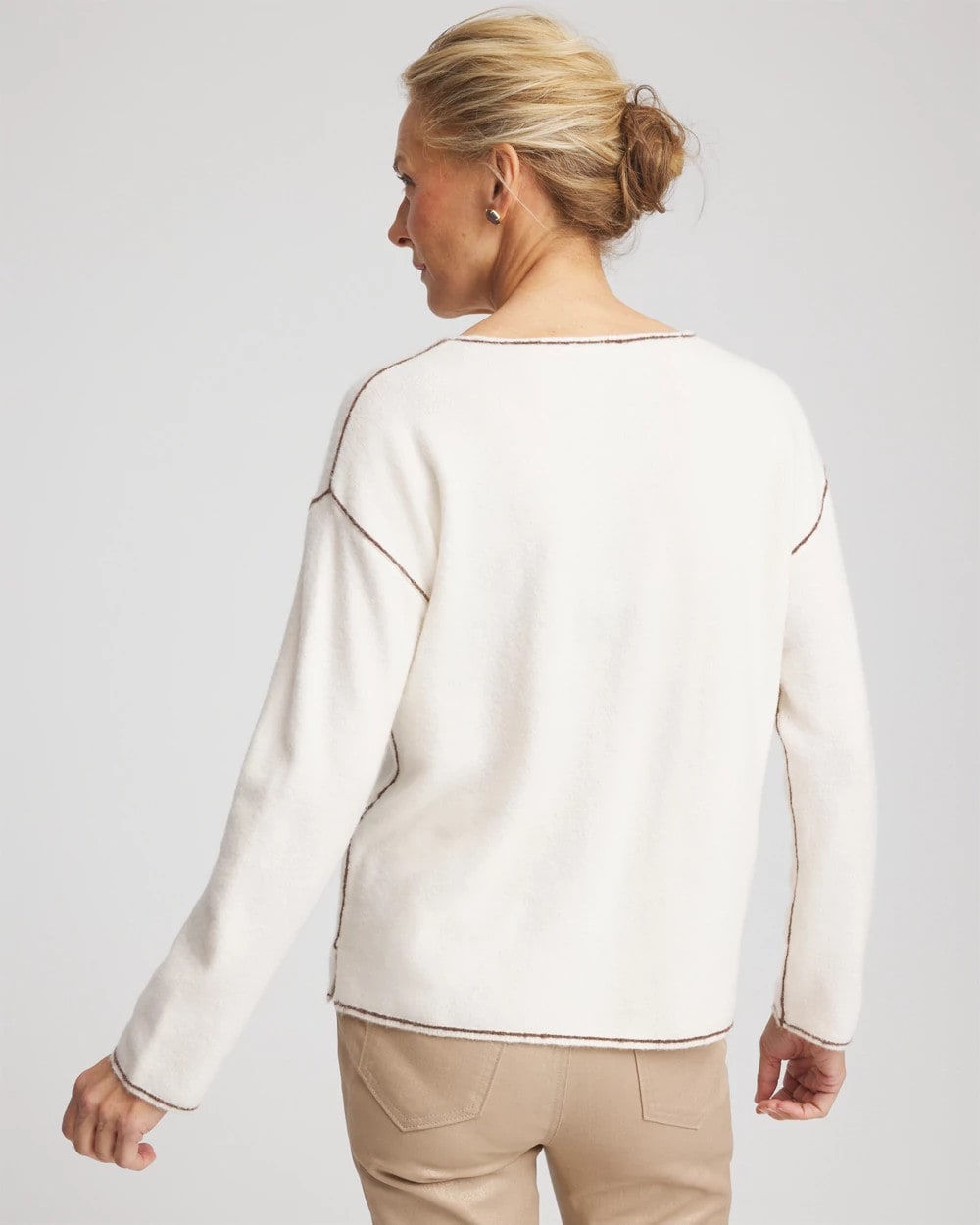 English Cream Contrast Stitch V-Neck Sweater