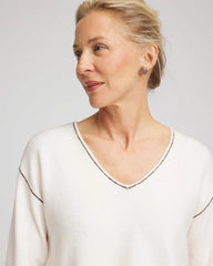 English Cream Contrast Stitch V-Neck Sweater