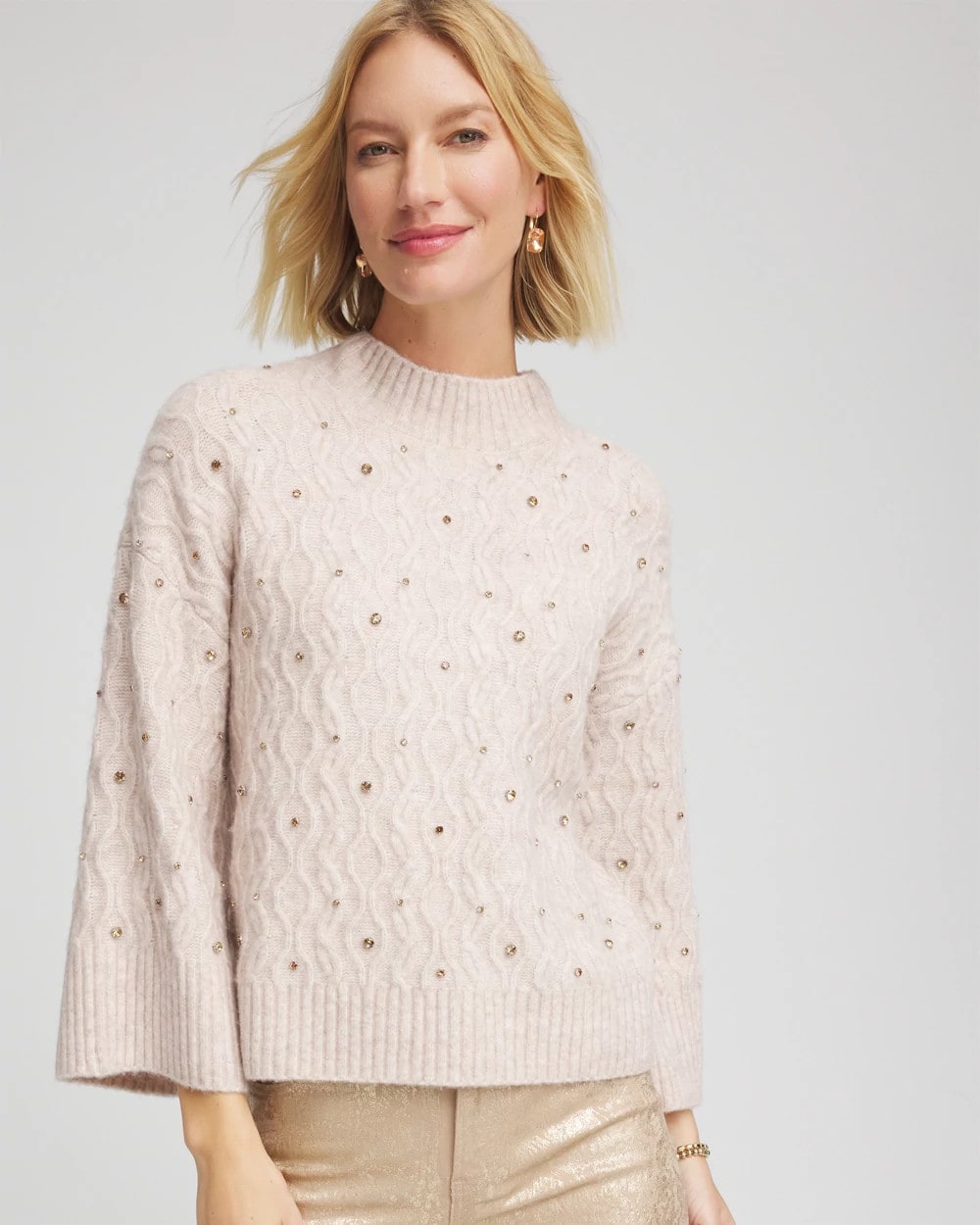 Birch Bark Heather Sequined Cable Knit Sweater