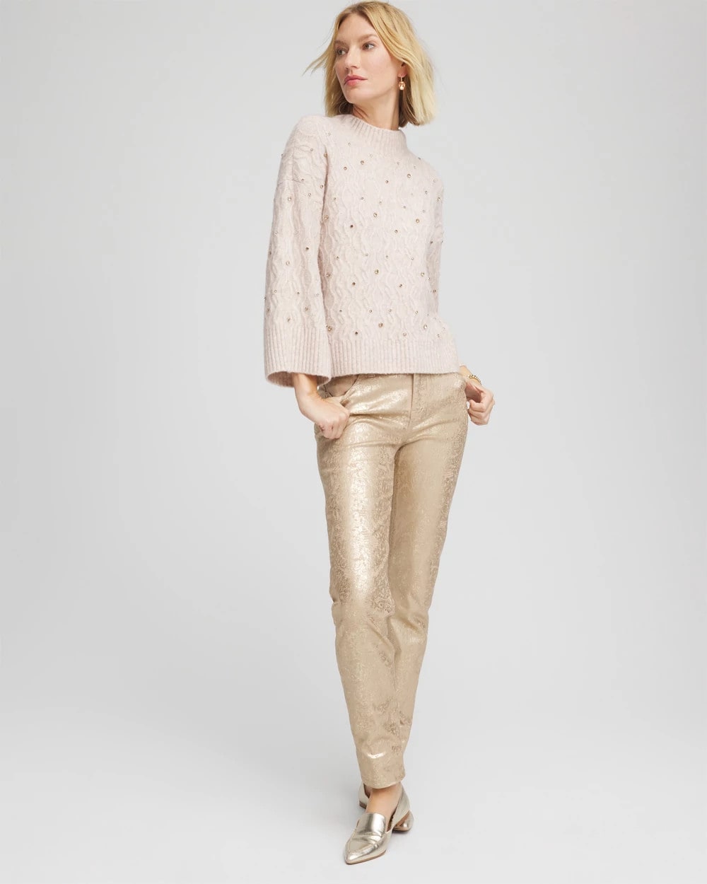 Birch Bark Heather Sequined Cable Knit Sweater