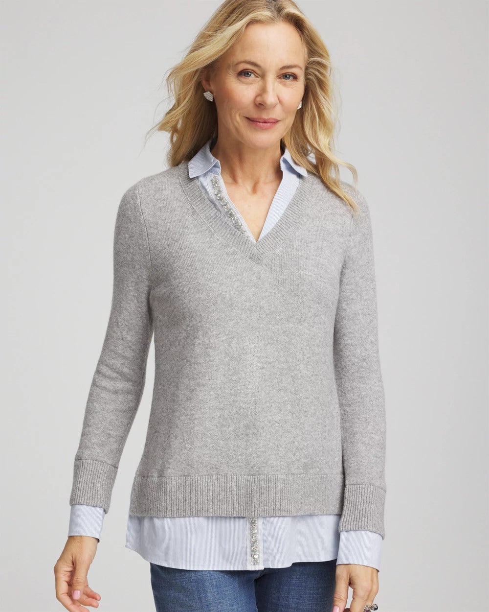 Gray Sequin Built-In Shirt Knit Sweater