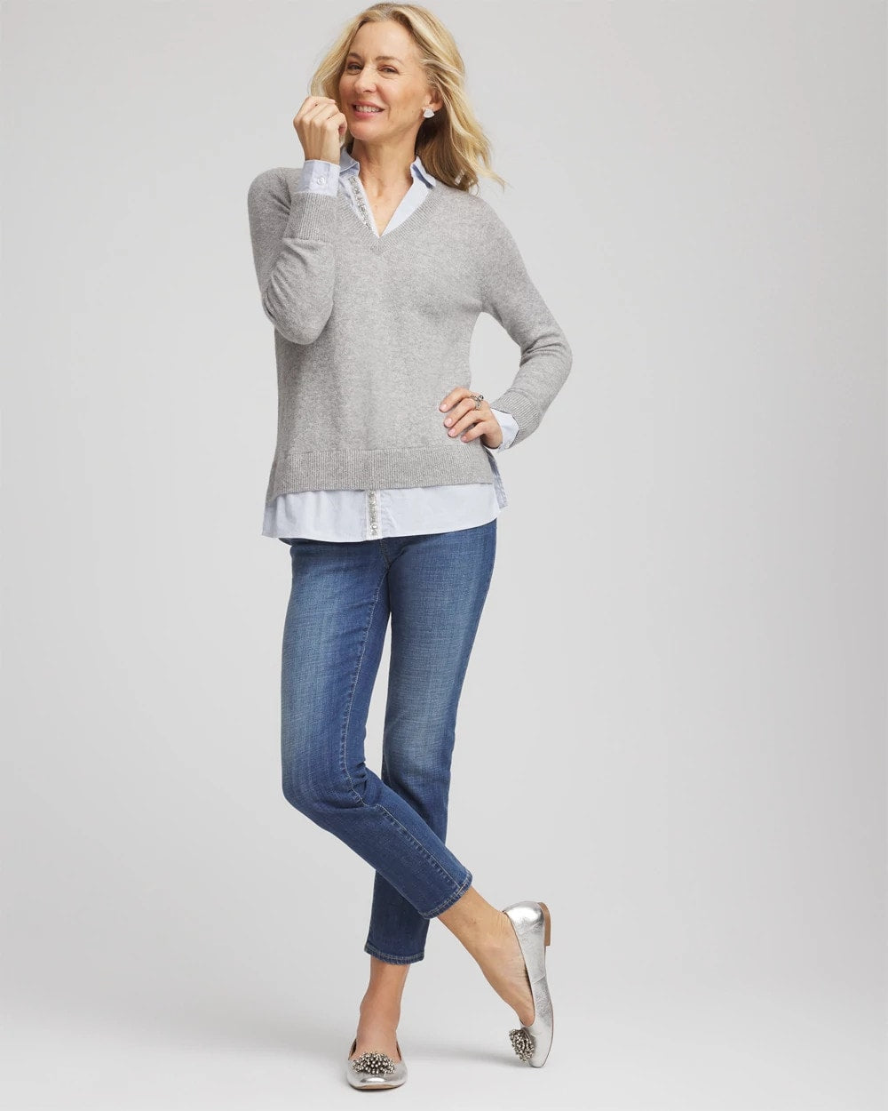 Gray Sequin Built-In Shirt Knit Sweater