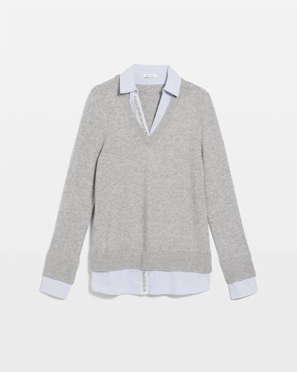Gray Sequin Built-In Shirt Knit Sweater
