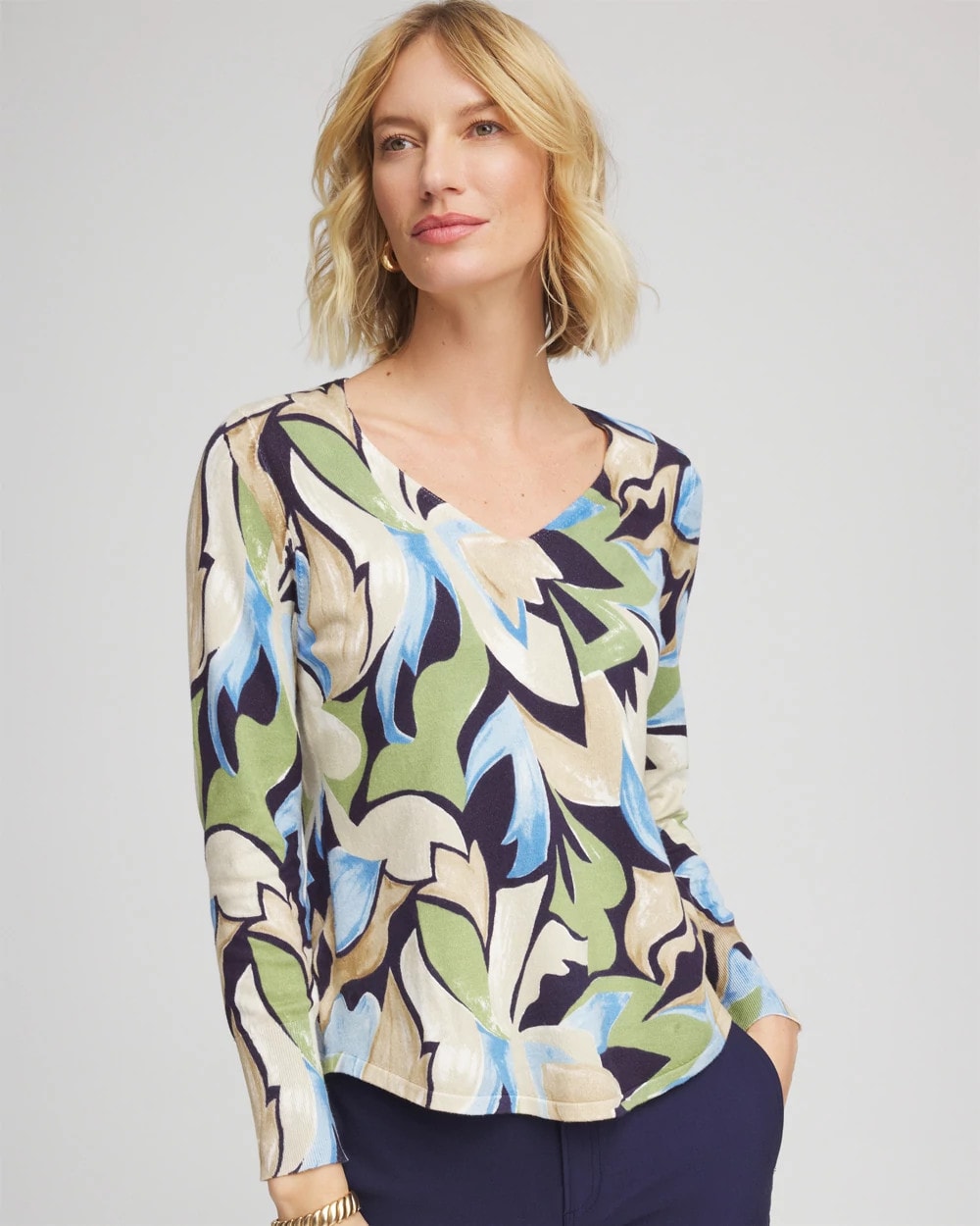 Passport Blue Ella Bloom V-Neck Pullover Sweater