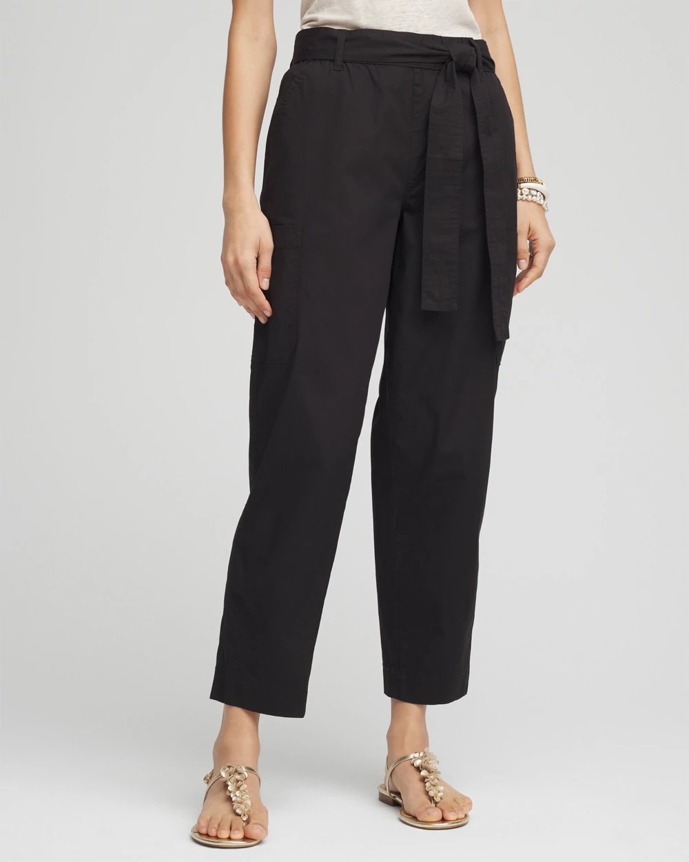 Black Poplin Pull-On Tapered-Leg Cropped Pants