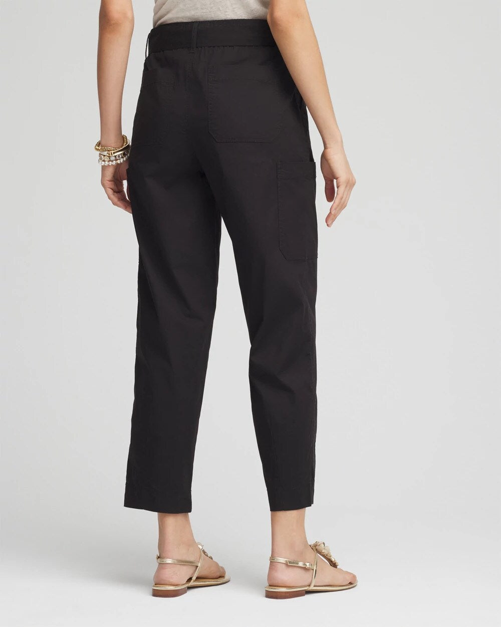 Black Poplin Pull-On Tapered-Leg Cropped Pants