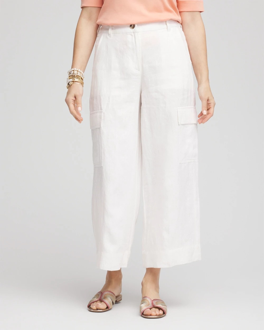 Alabaster Linen Cargo Wide-Leg Cropped Pants