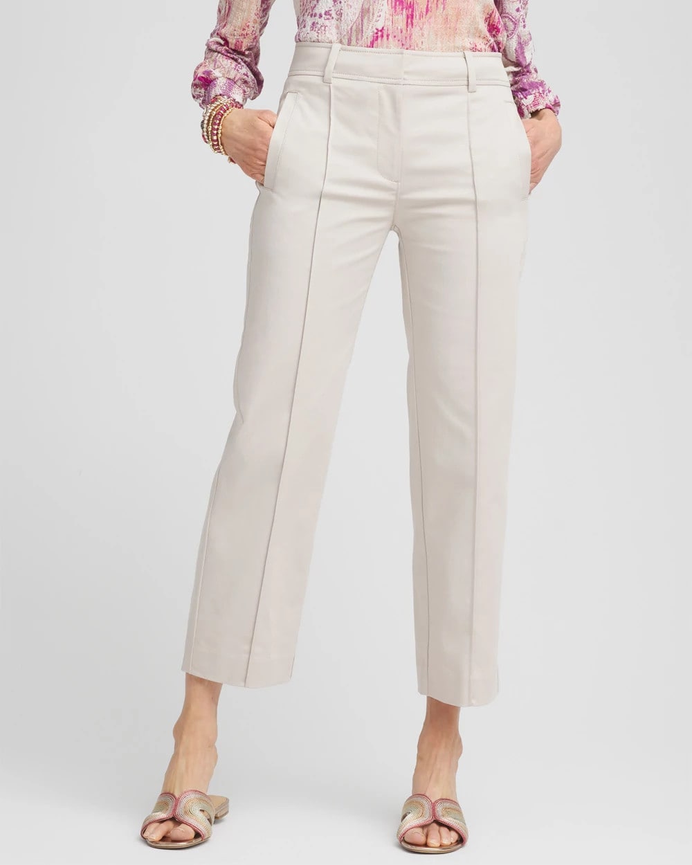 Smokey Taupe Stretch Sateen Straight Cropped Pants