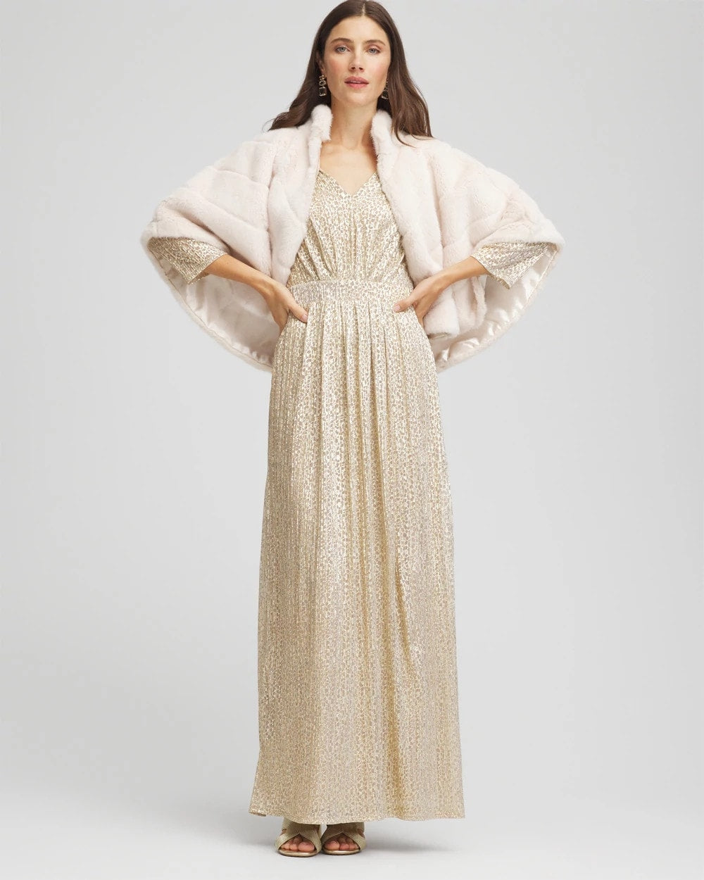 Gold Metallic Knit Pleated Maxi Dress