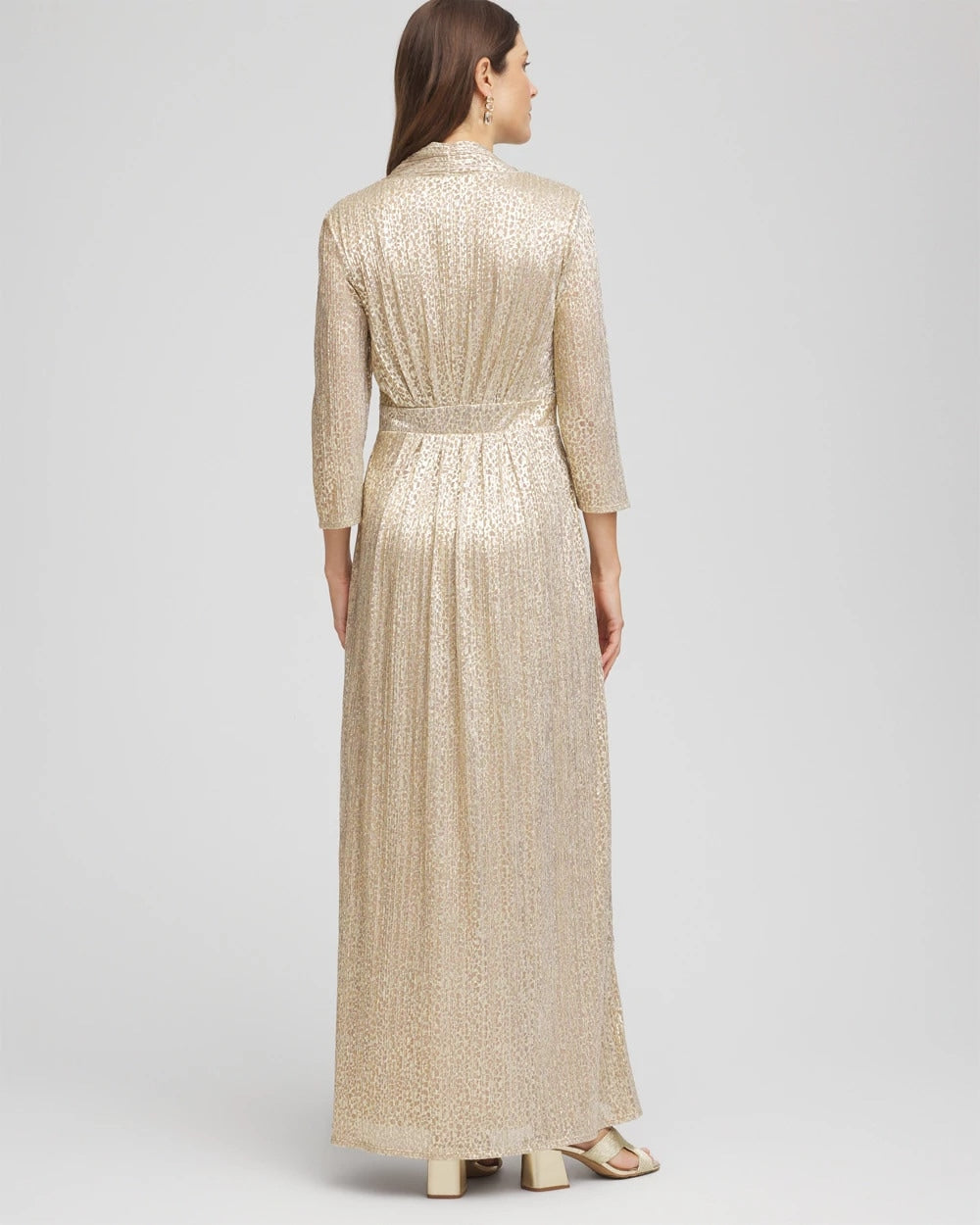 Gold Metallic Knit Pleated Maxi Dress