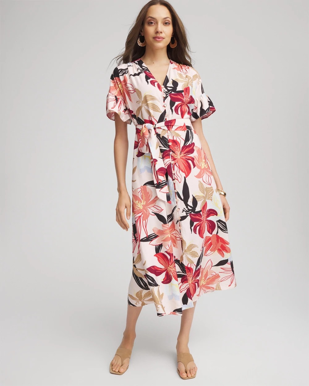 Multi Tonal Floral Ruffle-Sleeved Midi Dress