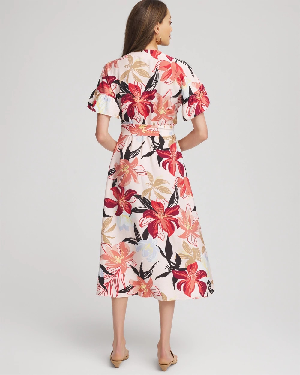 Multi Tonal Floral Ruffle-Sleeved Midi Dress