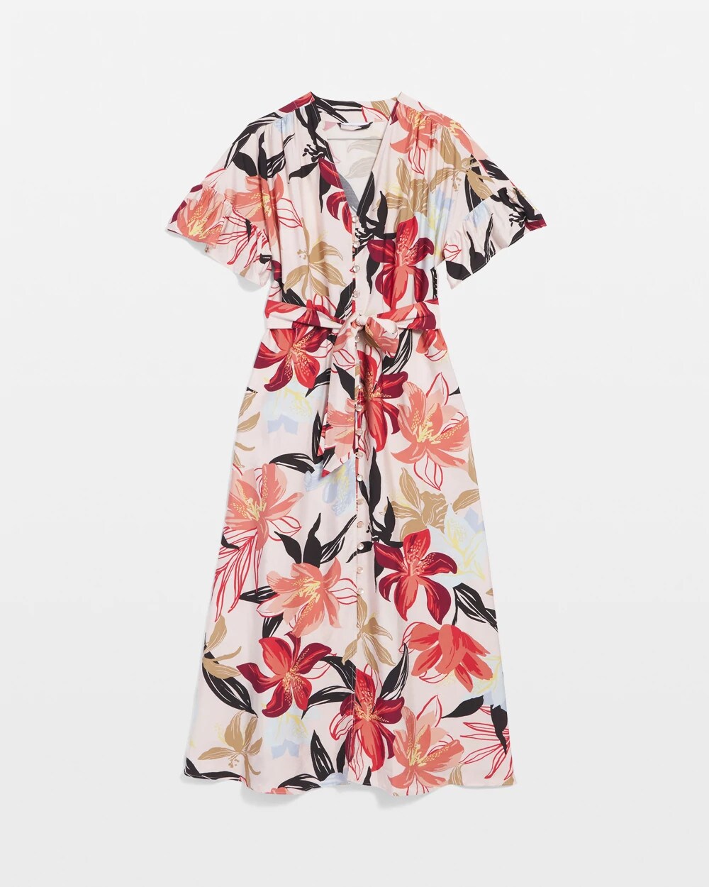 Multi Tonal Floral Ruffle-Sleeved Midi Dress