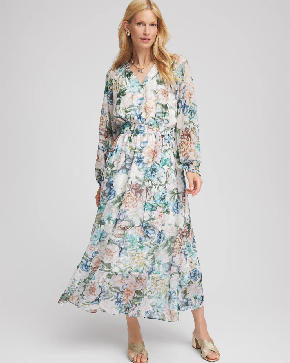 Ecru Georgette Tie-Front Maxi Dress
