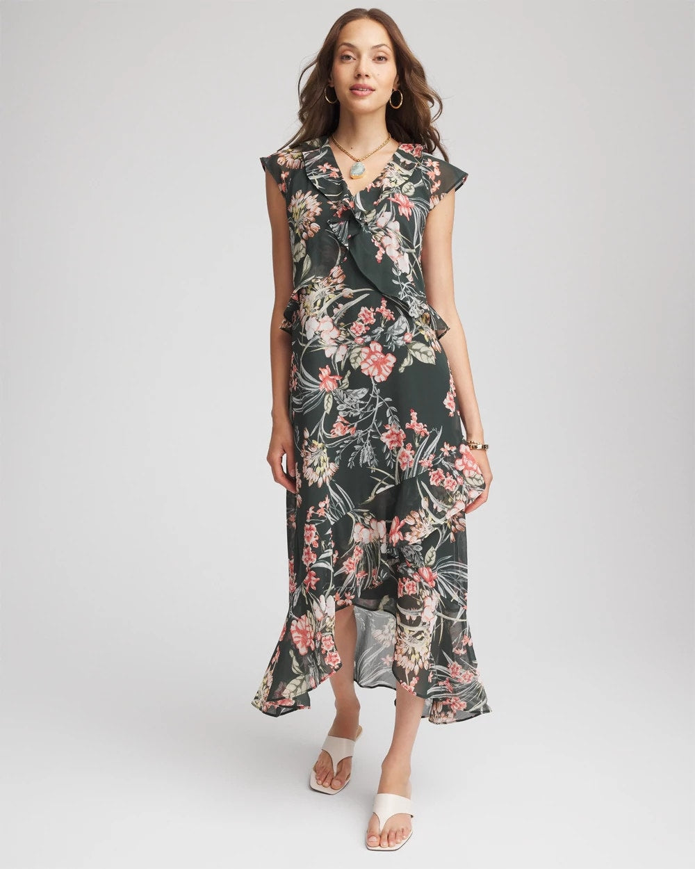 Darkest Spruce Floral Ruffle-Trim Chiffon Dress