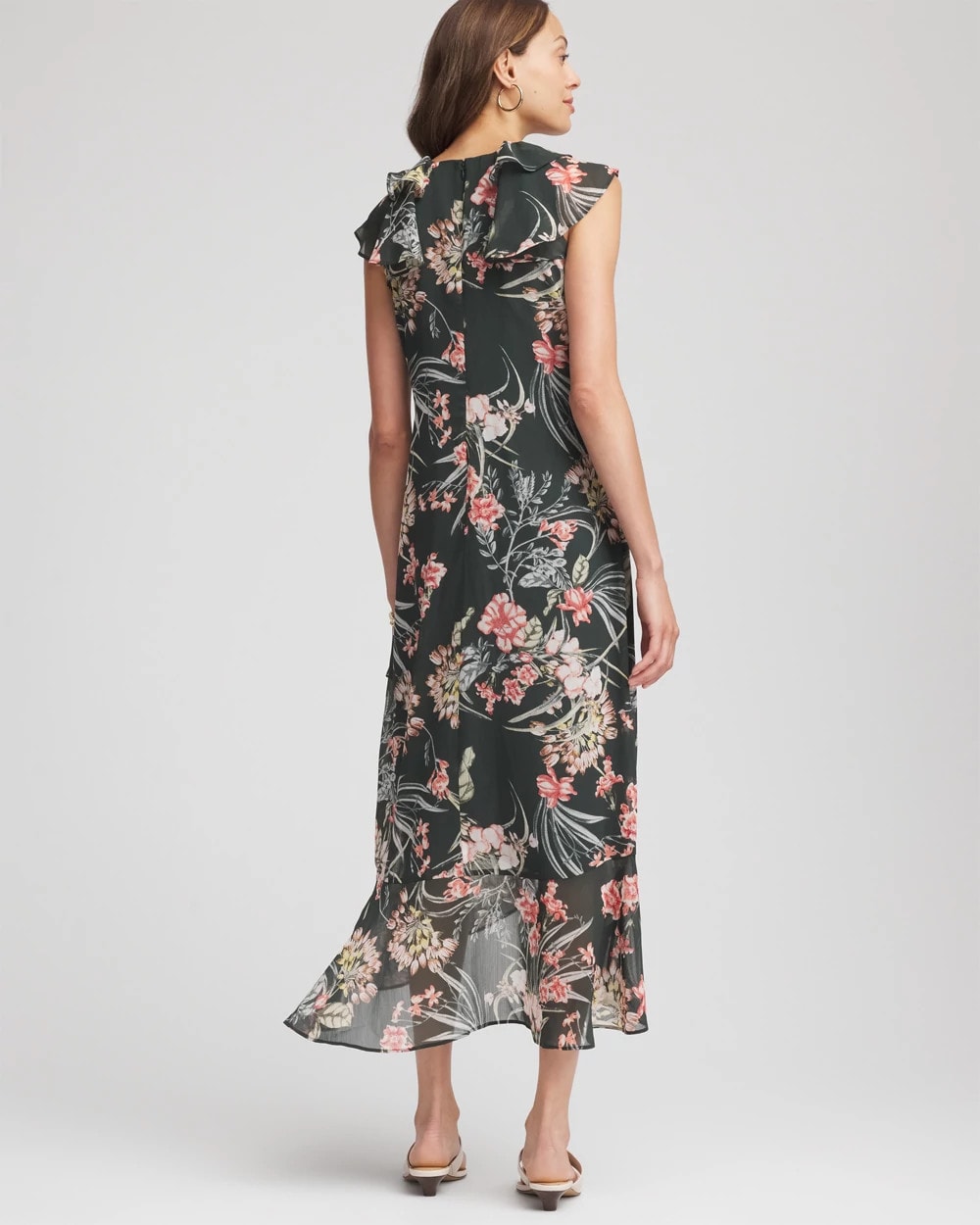 Darkest Spruce Floral Ruffle-Trim Chiffon Dress