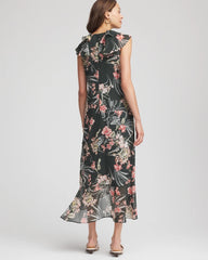 Darkest Spruce Floral Ruffle-Trim Chiffon Dress