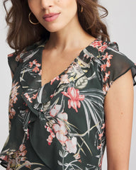 Darkest Spruce Floral Ruffle-Trim Chiffon Dress