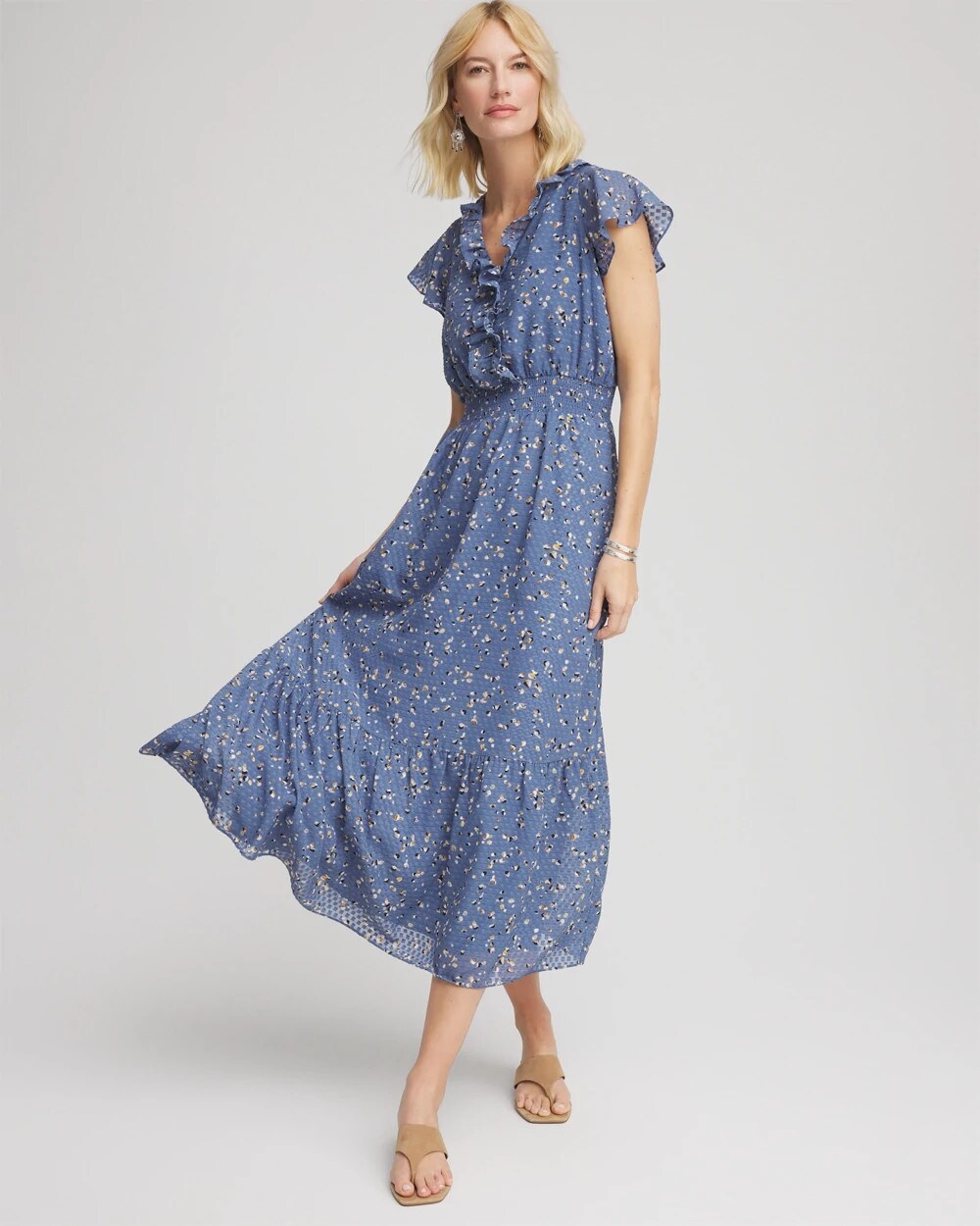 Blue Lotus Textured Ruffled-Placket Maxi Dress
