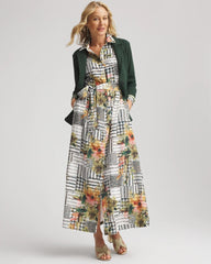 Ecru Artisanal Floral Print  Maxi Shirtdress