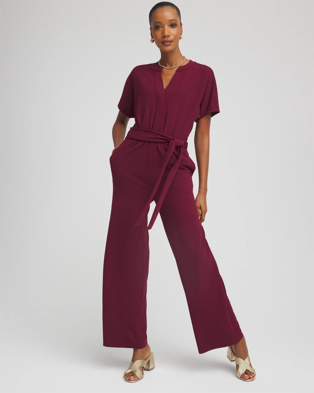 Deep Chianti Belted Dolman-Sleeve Jumpsuit