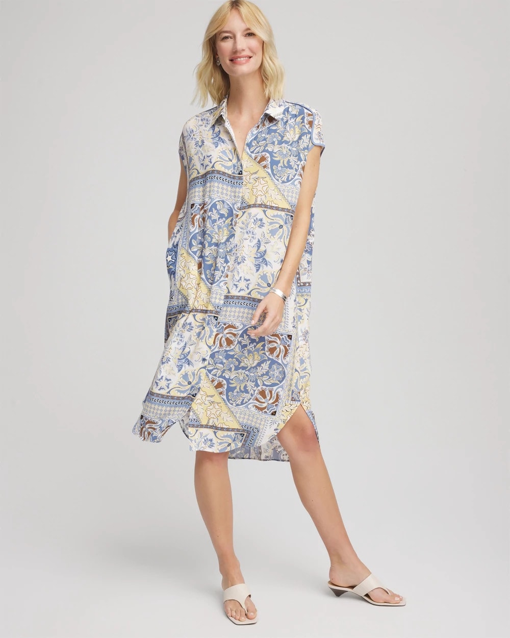 Ecru Floral Patchwork Short Shirtdress