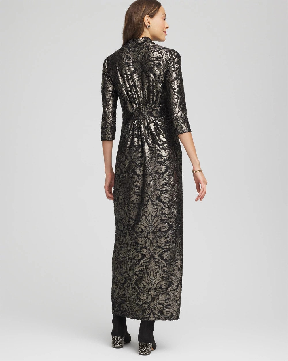 Black Foiled Knit Pleated Maxi Dress