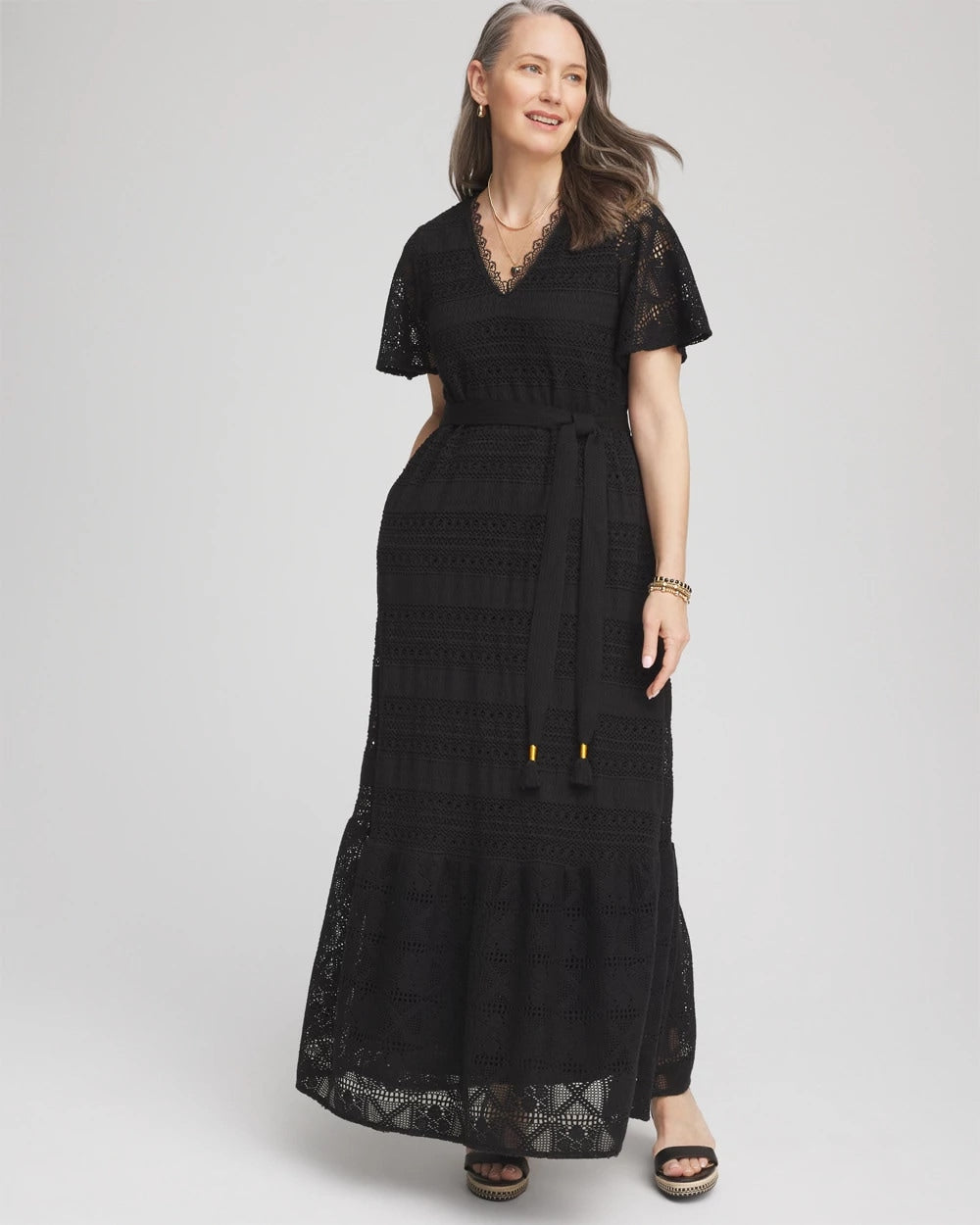 Black Petite Crochet-Lace Maxi Dress