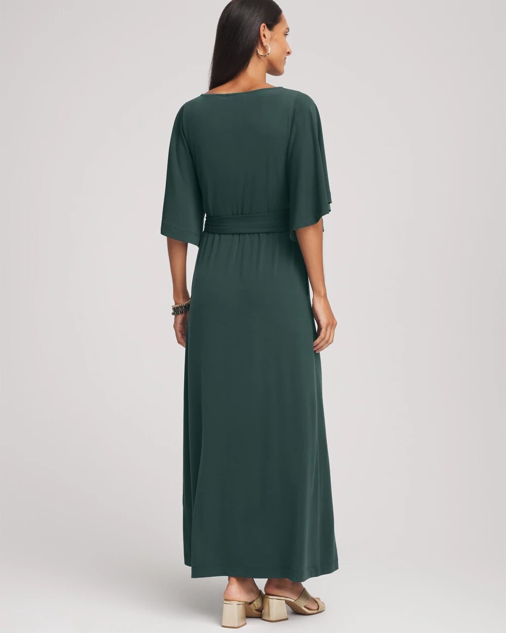 Darkest Spruce Belted Flutter-Sleeve Maxi Dress