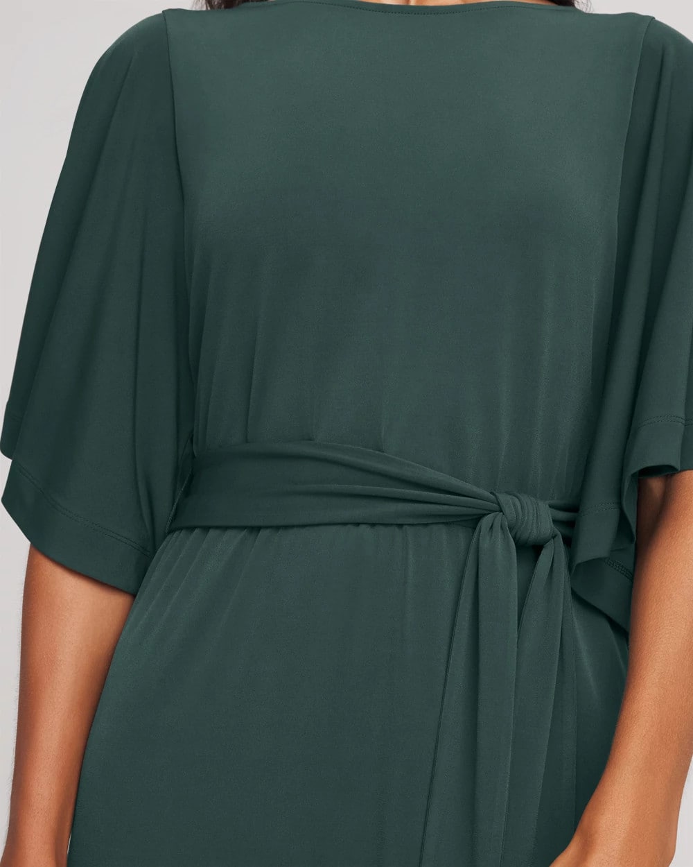 Darkest Spruce Belted Flutter-Sleeve Maxi Dress