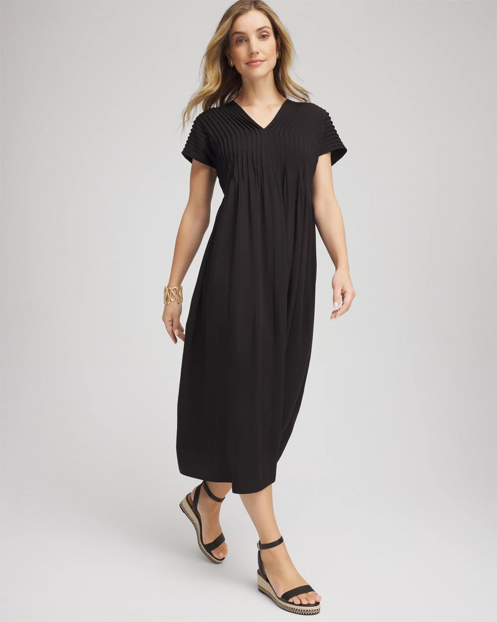 Black Silk-Twill Popover Midi Dress