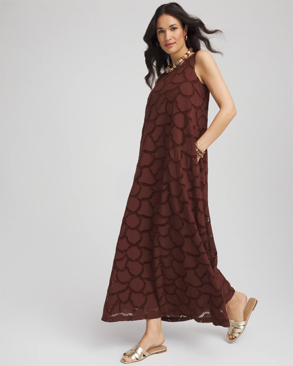 Cacao Eyelet Cutout Maxi Tank Dress