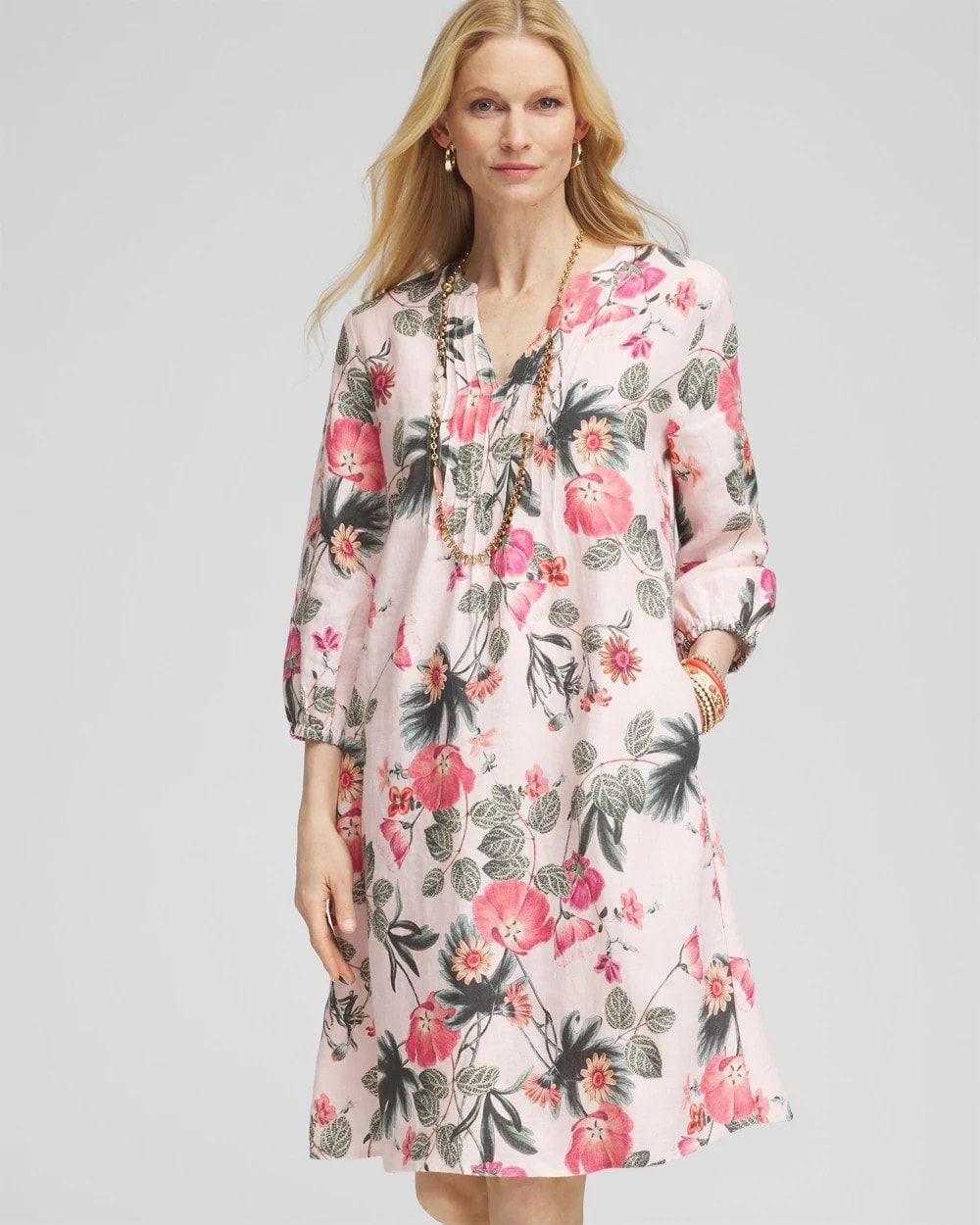 Multi Floral Linen Pintuck 3/4 Sleeved Dress