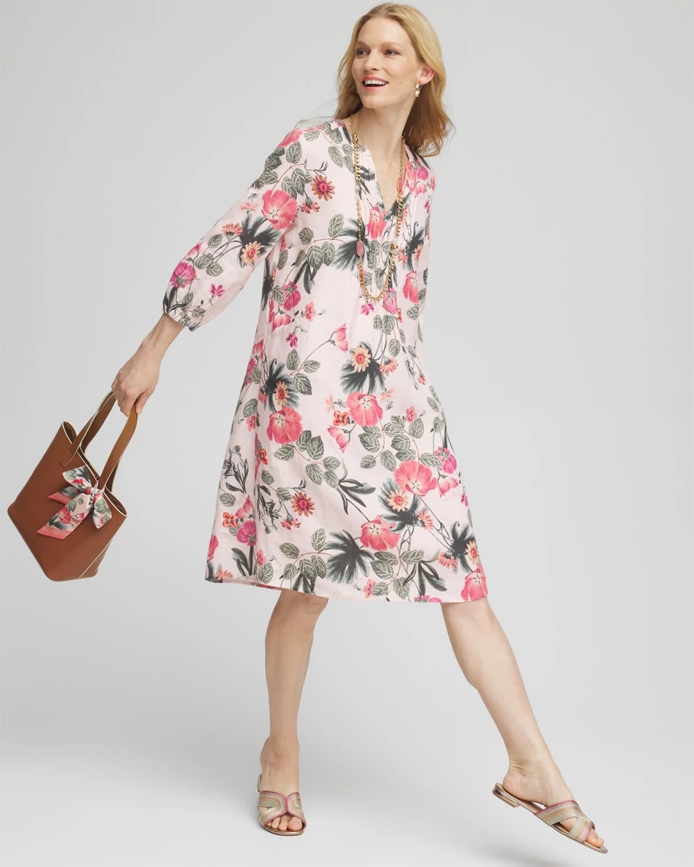 Multi Floral Linen Pintuck 3/4 Sleeved Dress