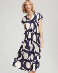 Passport Blue Printed Silk-Twill Popover Midi Dress