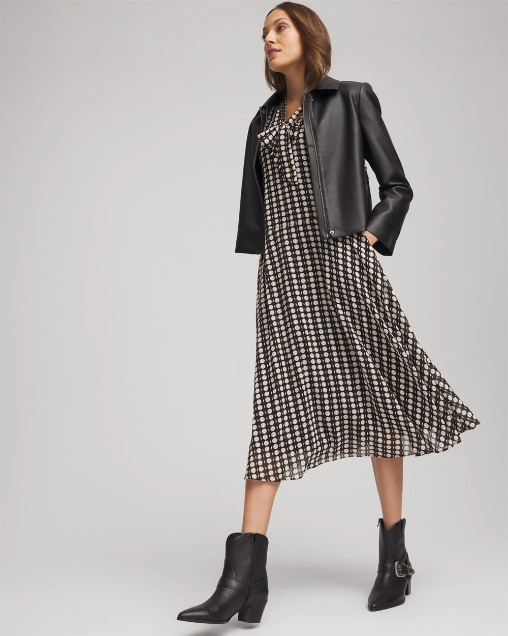 Black Chiffon Clip-Dot Tie-Neck Dress