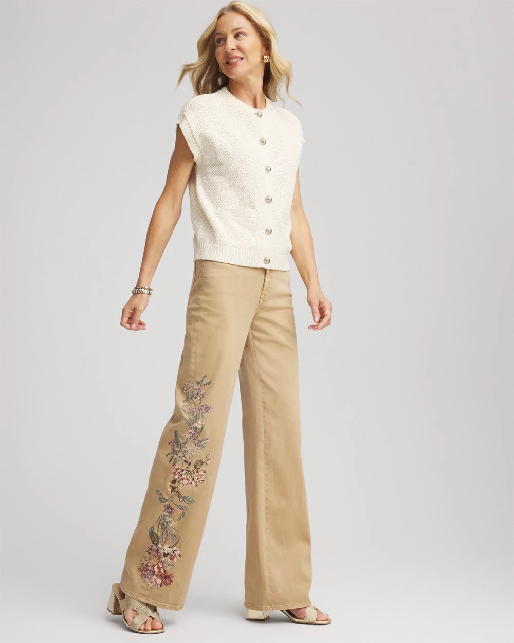 Cafe Aroma Embroidered High-Rise Wide-Leg Jeans